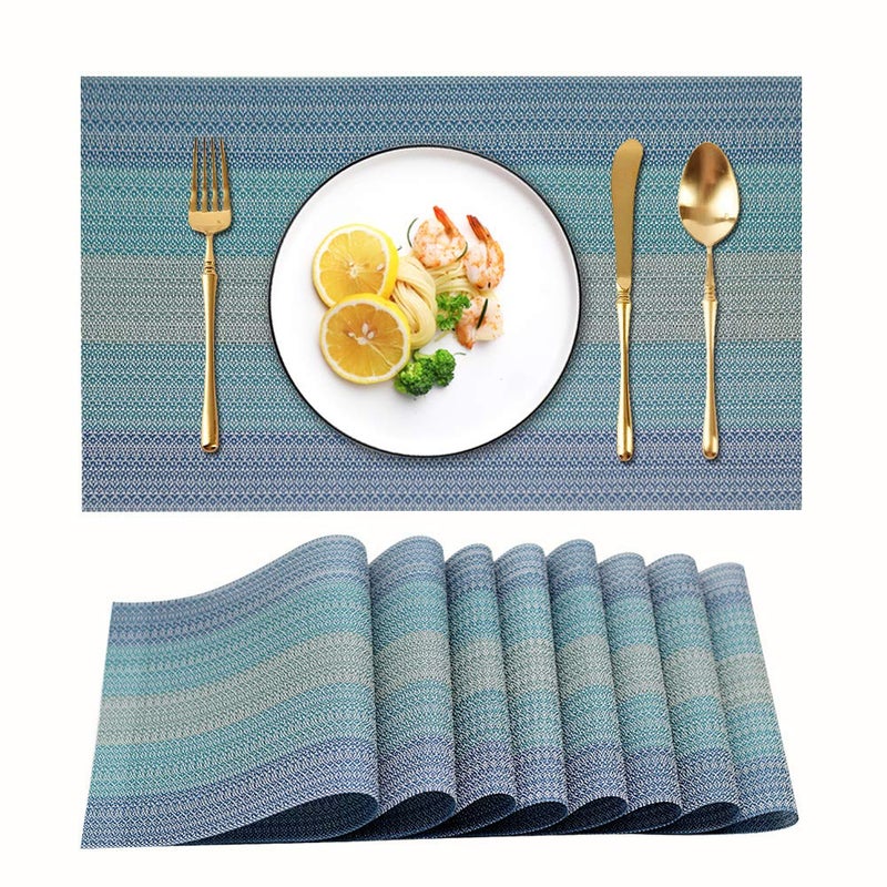 Candumy Blue Placemats for Kitchen Table Set of 8,Heat Stain Non Skid Insulation Crossweave Woven Textilene Vinyl PVC Washable Tablemats for Dinner Table - Image 1